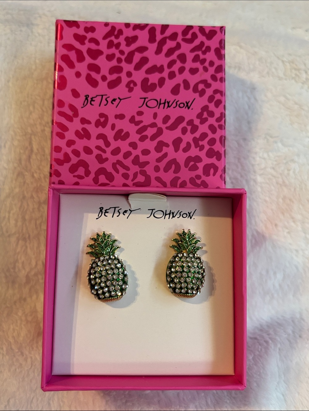 Betsey Johnson Green and Silver Crystal Pineapple Stud Earrings